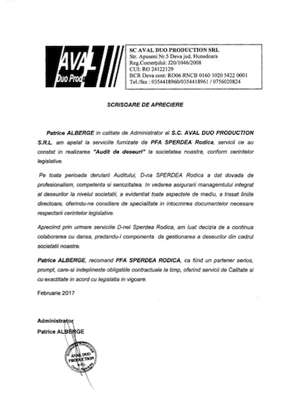 Apreciere AVAL Duo Production Sperdea Rodica
