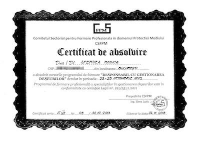 Diploma Responsabil cu Gestionarea Deseurilor Sperdea Rodica