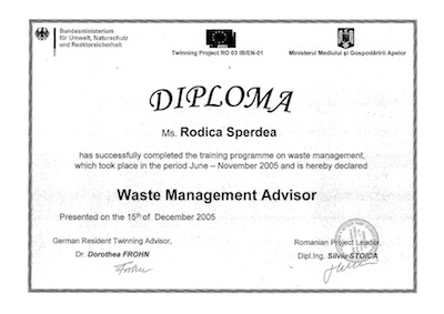 Diploma Waste Management Advisor Sperdea Rodica